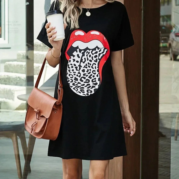 LIPS NWOT WOMENS TEE TSHIRT MINI DRESS BEACH WHITE BLACK TOP SUMMER SZ S M L - Picture 2 of 3